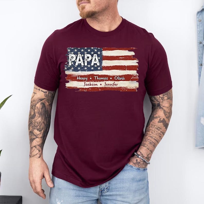 Personalized Papa Shirt With Grandkids Name Flag Shirt, 4th Of July Shirt, USA Flag Shirt, New Grandpa Shirt, Gift For Father's Day