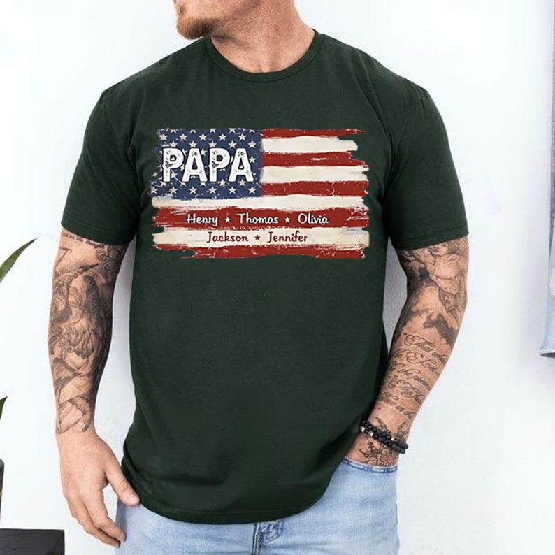 Personalized Papa Shirt With Grandkids Name Flag Shirt, 4th Of July Shirt, USA Flag Shirt, New Grandpa Shirt, Gift For Father's Day