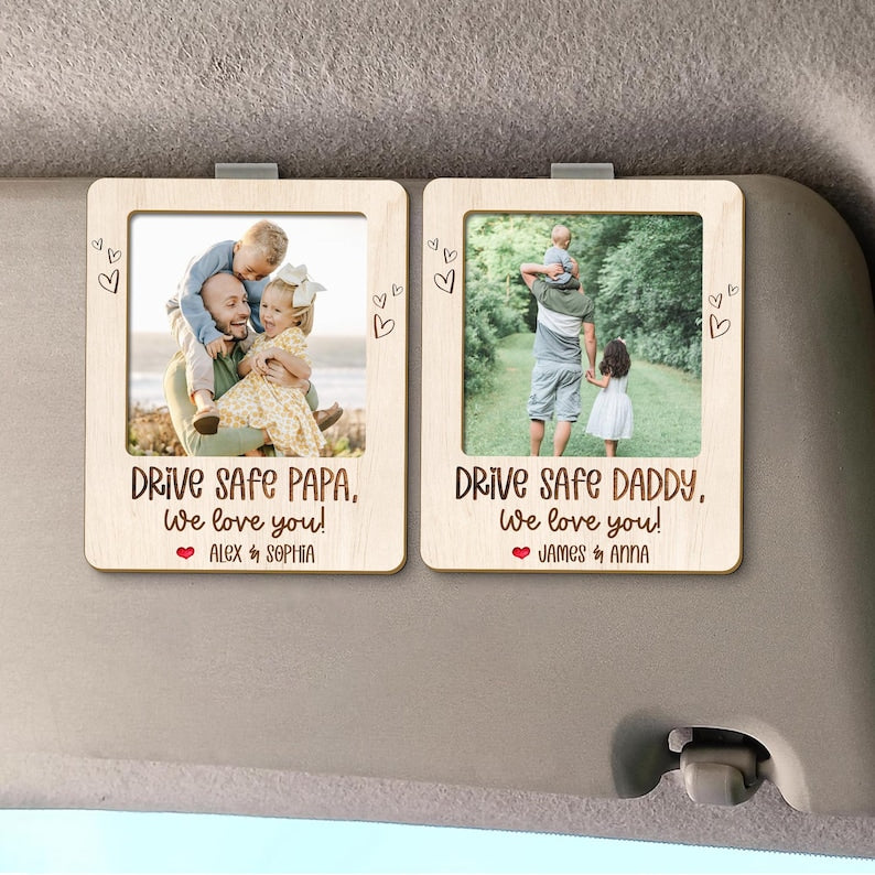 FREE CUSTOM PHOTO Father Day Car Visor Clip, Personalized Car Accessories, Drive Safe Daddy, Gift for Grandpa, Sun Visor Picture Frame