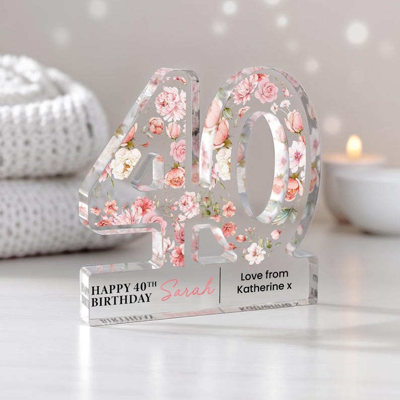 Personalised 40th Birthday Gift Plaque, Happy 40th Birthday Gift For Her, 40th Birthday Gifts, Floral 40th Gift, Gift for Her