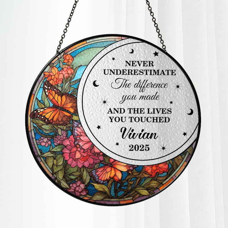 Personalized Retirement Stained Glass Suncatcher, Custom Retirement Gift, Keepsake for Retiree, Coworker Gift,Floral Retirement Window Decor