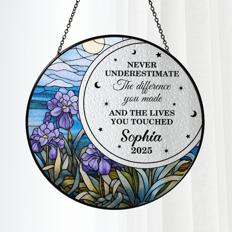 Personalized Retirement Stained Glass Suncatcher, Custom Retirement Gift, Keepsake for Retiree, Coworker Gift,Floral Retirement Window Decor