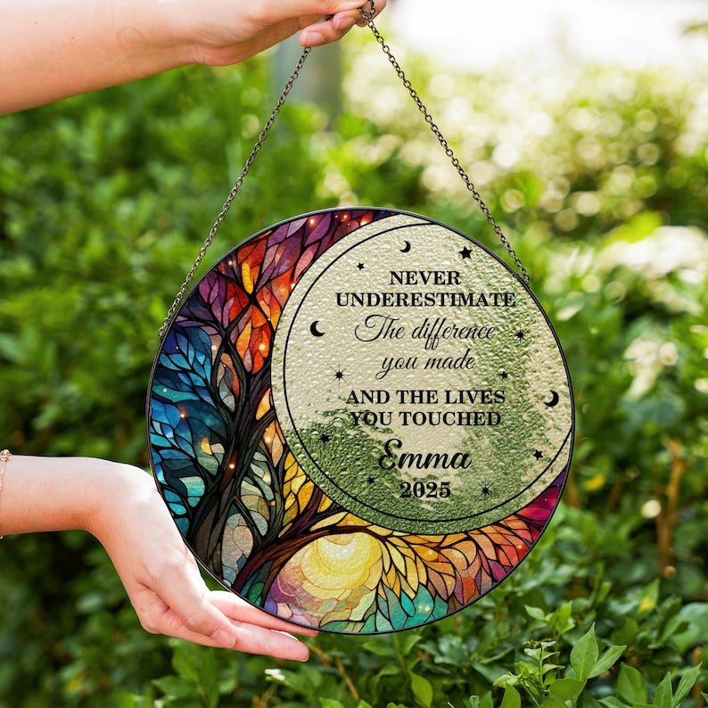 Personalized Retirement Stained Glass Suncatcher, Custom Retirement Gift, Keepsake for Retiree, Coworker Gift,Floral Retirement Window Decor