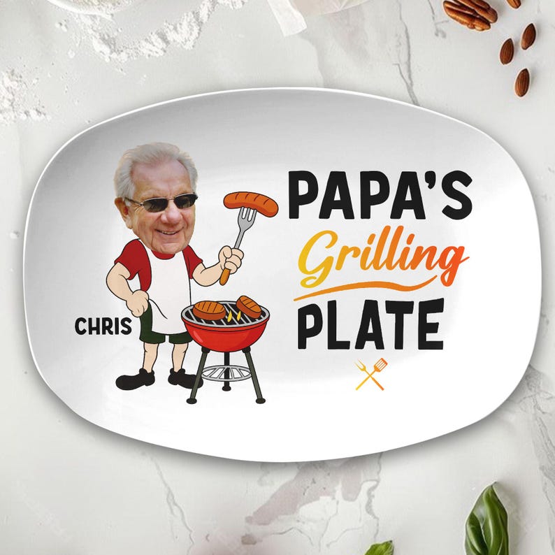 Custom Photo Papa's Grilling Plate, Personalized Grandpa Platter, Fathers Day Gift, Funny Dad Gift, Personalized Platter With Photo & Name