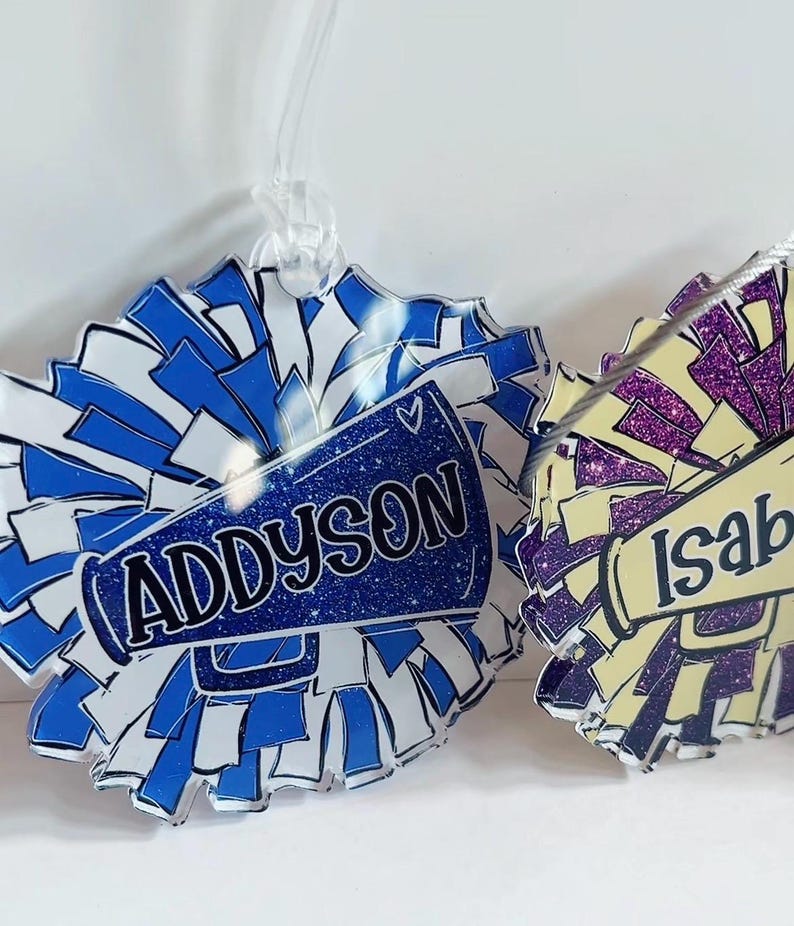 Personalized Pom Pom Bag Tag - Custom Name Tag for Backpacks, Cheer Bags, Sports Teams, School Spirit Gift, Acrylic Bag Tag