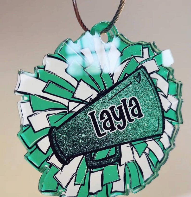 Personalized Pom Pom Bag Tag - Custom Name Tag for Backpacks, Cheer Bags, Sports Teams, School Spirit Gift, Acrylic Bag Tag