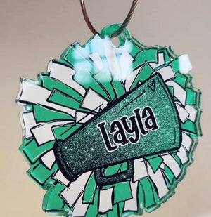 Personalized Pom Pom Bag Tag - Custom Name Tag for Backpacks, Cheer Bags, Sports Teams, School Spirit Gift, Acrylic Bag Tag