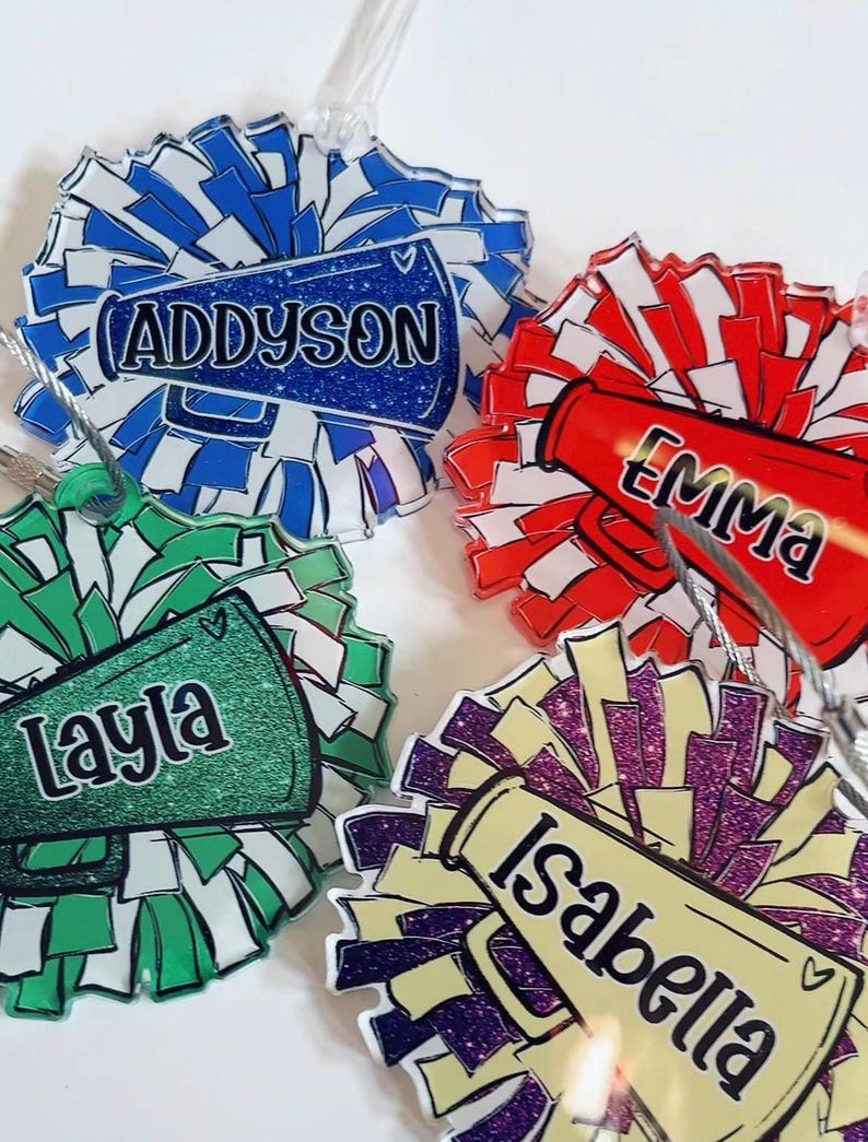 Personalized Pom Pom Bag Tag - Custom Name Tag for Backpacks, Cheer Bags, Sports Teams, School Spirit Gift, Acrylic Bag Tag