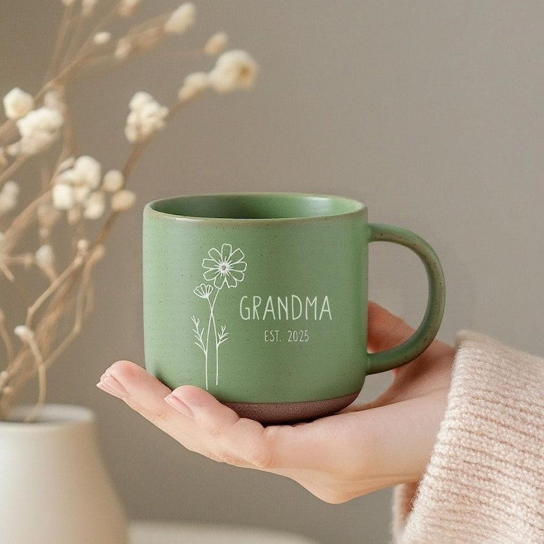 Engraved Birth Flower Coffee Mug: Personalized Pottery Gift