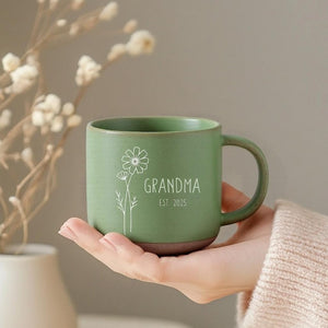 Engraved Birth Flower Coffee Mug: Personalized Pottery Gift