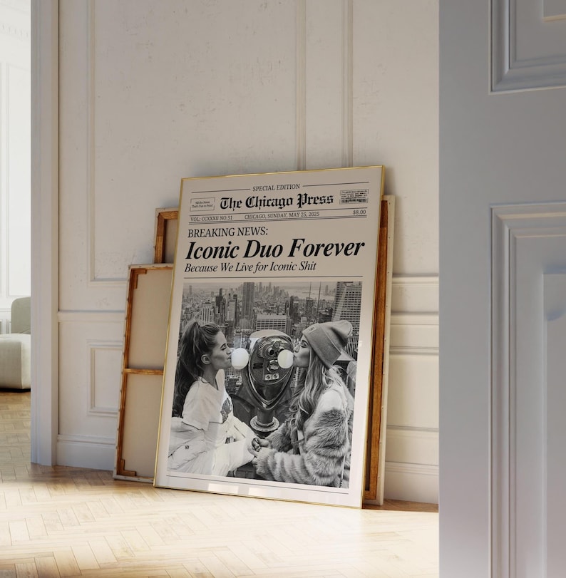 CUSTOM Newspaper Print, Personalized Best Friends Canvas, Retro Bestie Birthday Gift, BFF Poster, Friendship Gift, Girl Dorm Room Decor