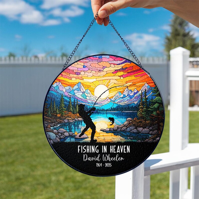 Personalized Fishing Memorial Suncatcher, Dad Fishing in Heaven Ornament, Loss Of Dad Grandpa, Loss Father Day, Remembrance Gift
