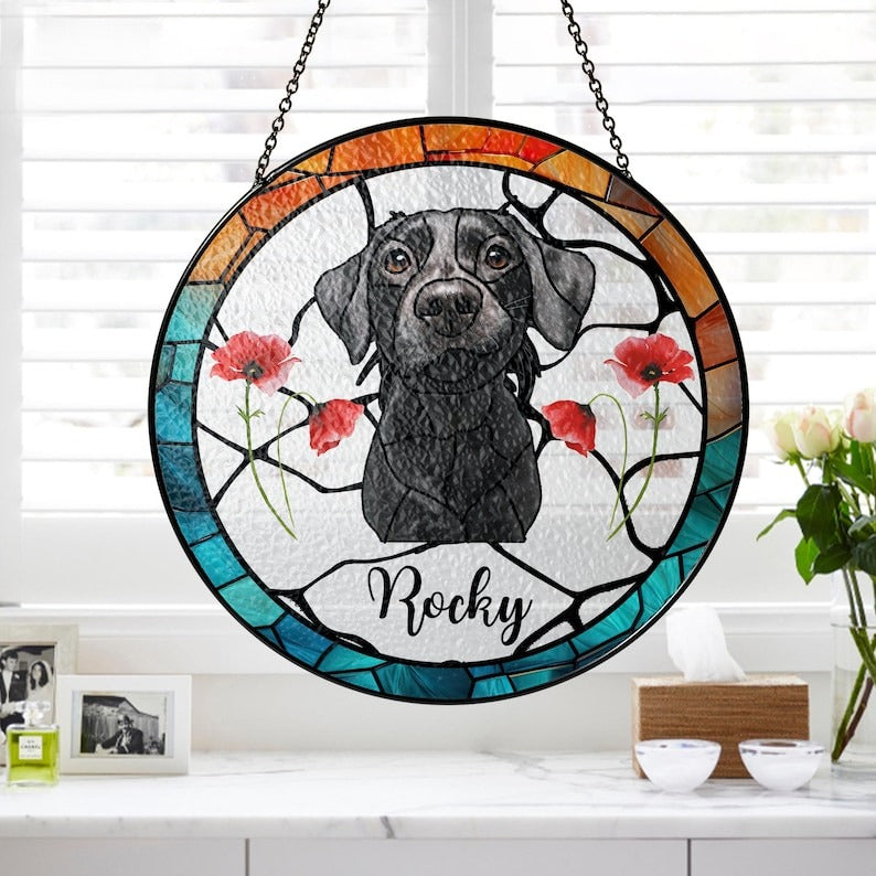 Custom Pet Portrait Stained Glass Suncatcher, Stained Glass Dog Memorial, Custom Dog Portrait from Photo, Sympathy Cat Loss Gift