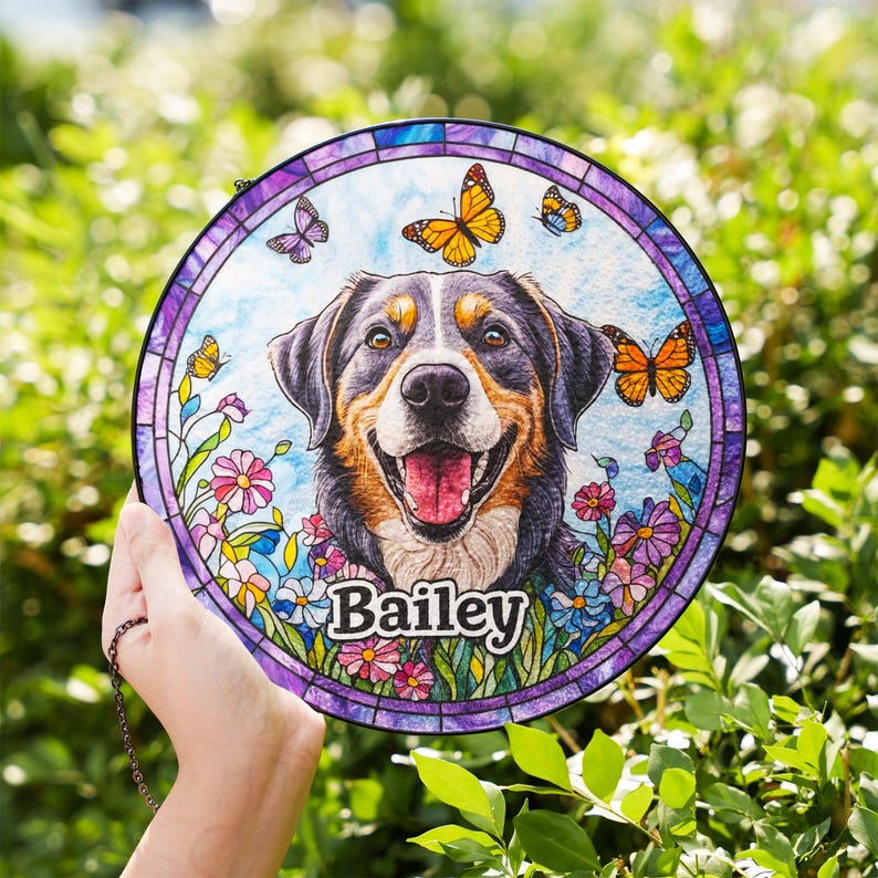 Custom Pet Portrait Stained Glass Suncatcher, Stained Glass Dog Memorial, Custom Dog Portrait from Photo, Pet Memorial Gift, Window hangings
