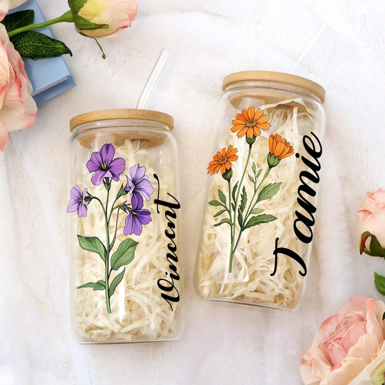Custom Coffee Cup, Personalized Birthday Flower Glass, Glass With Straw, Birth Flower Tumbler, Bridesmaid Gift, Birthday Gift, Party Favor