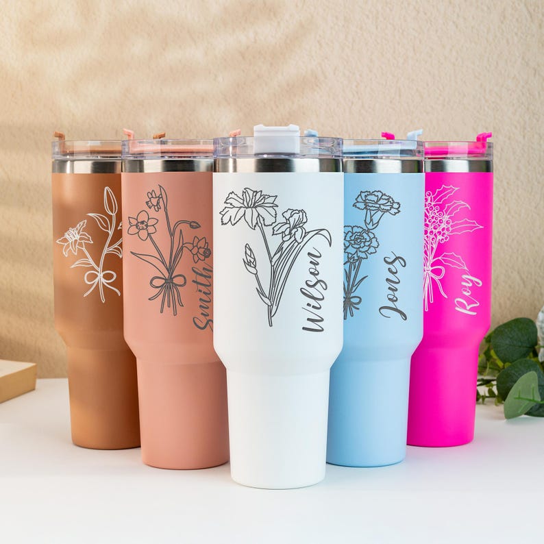 Personalized Birth Flower Tumbler With Handle,Custom Floral Tumbler With Name,Bridesmaid Gift For Her,Wedding Gift,Birth Flower Gift