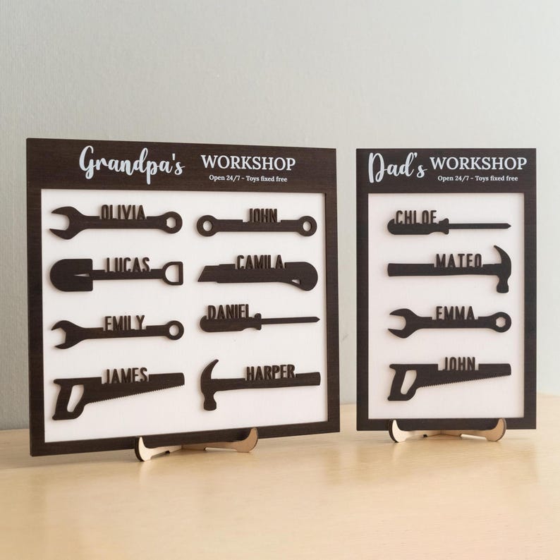 Modern Dad & Grandpa Workshop Sign, Personalized Wooden Garage Decor, Father's Day Gift