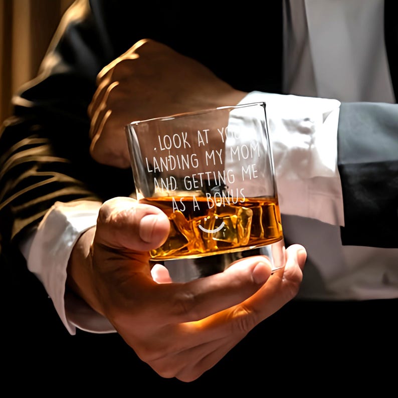Look At You Landing Our Mom And Getting Us As A Bonus Whiskey Glass,Funny Step Dad Fathers Day Gift,Special Gift Idea For Bonus Dad,Dad Gift