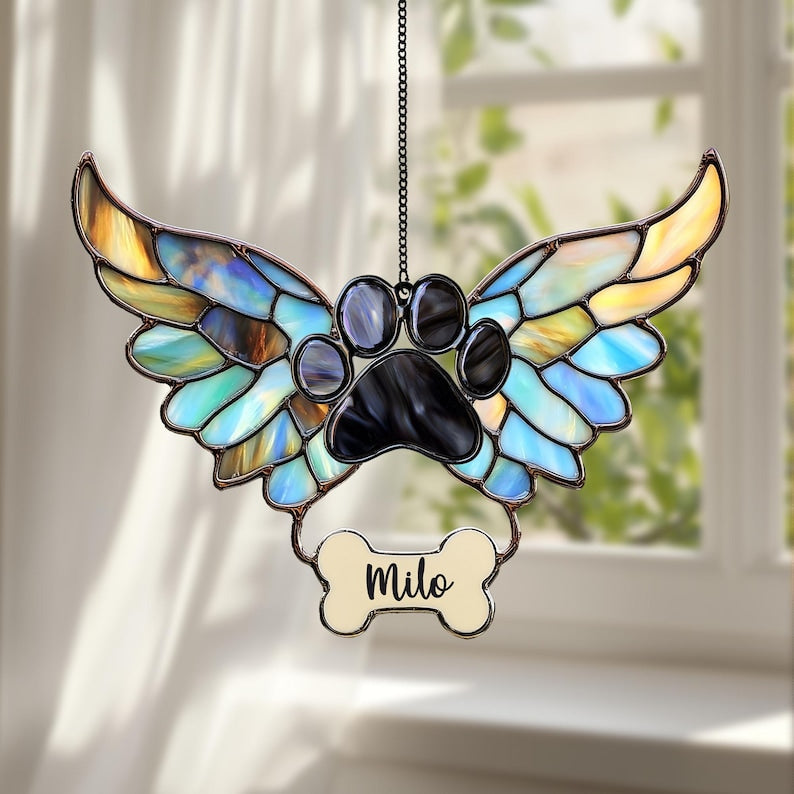 Personalized Pet Memorial Suncatcher with Angel Wings and Paw Print, Custom Name Acrylic Window Hanging, Rainbow Bridge Tribute Gift