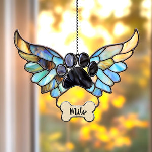 Personalized Pet Memorial Suncatcher with Angel Wings and Paw Print, Custom Name Acrylic Window Hanging, Rainbow Bridge Tribute Gift