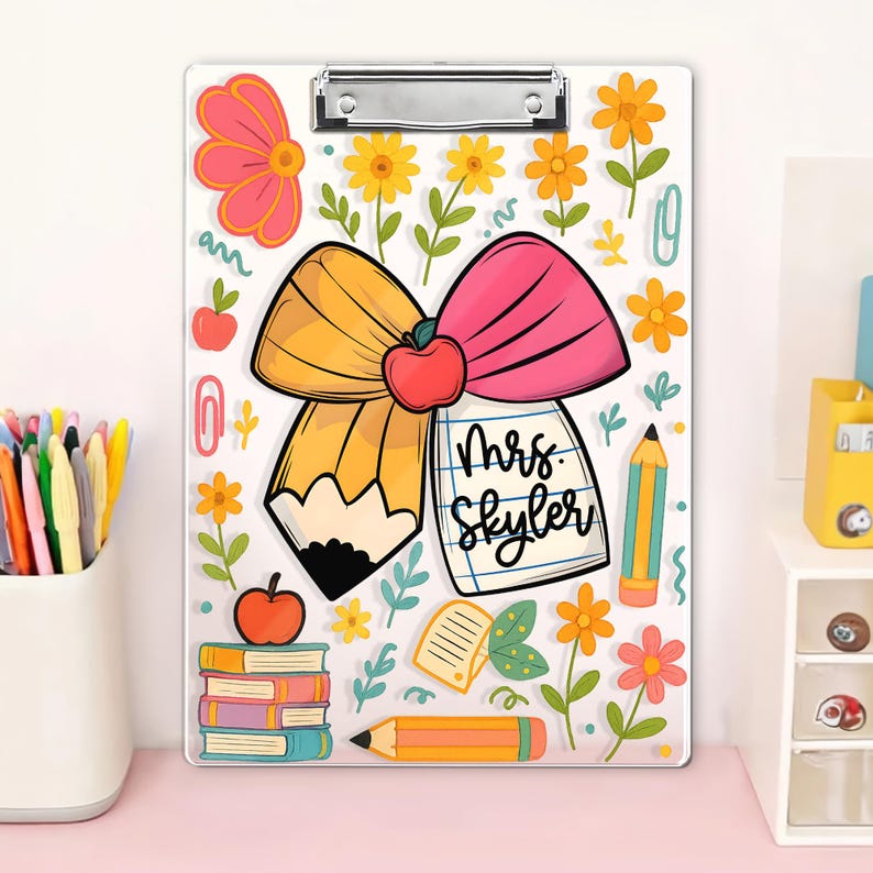 Personalized Teacher Appreciation Gift, Custom Pencil Floral Teacher Clipboard, End Of Year Gift, Back To School Teacher School Supplies