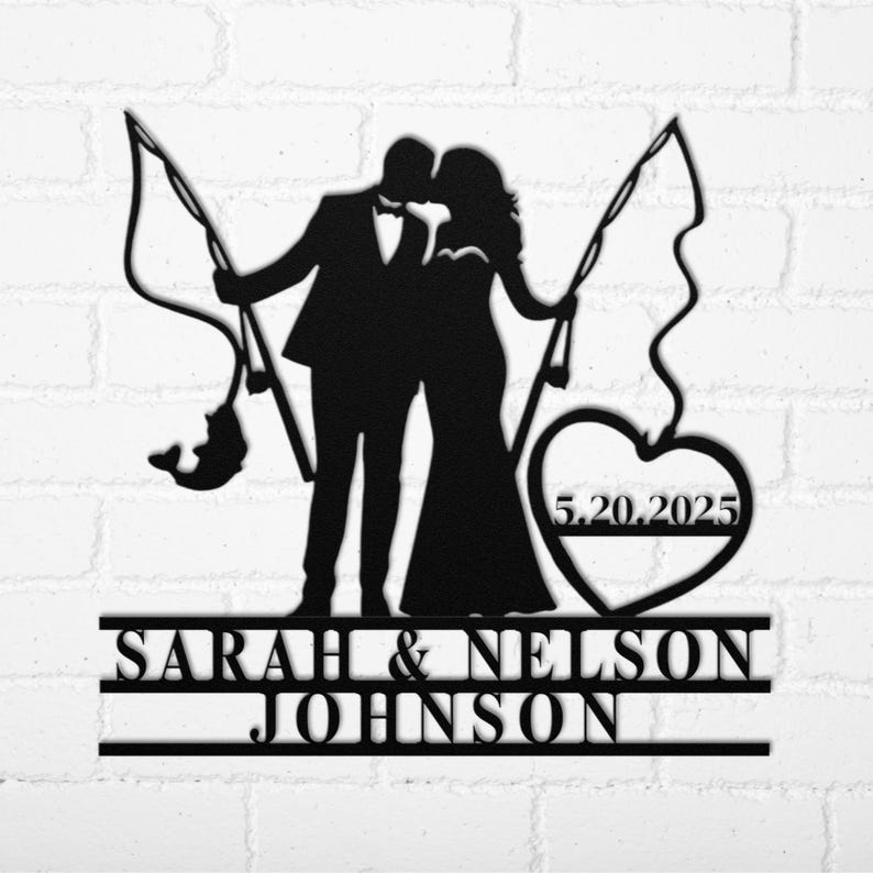 Personalized Fishing Couple Wedding Metal Sign, Custom Anniversary Gift Wall Art with Family Name & Date For Newly Wed, Fisherman Home Decor