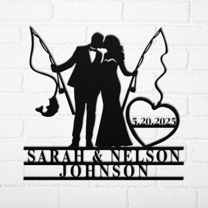Personalized Fishing Couple Wedding Metal Sign, Custom Anniversary Gift Wall Art with Family Name & Date For Newly Wed, Fisherman Home Decor