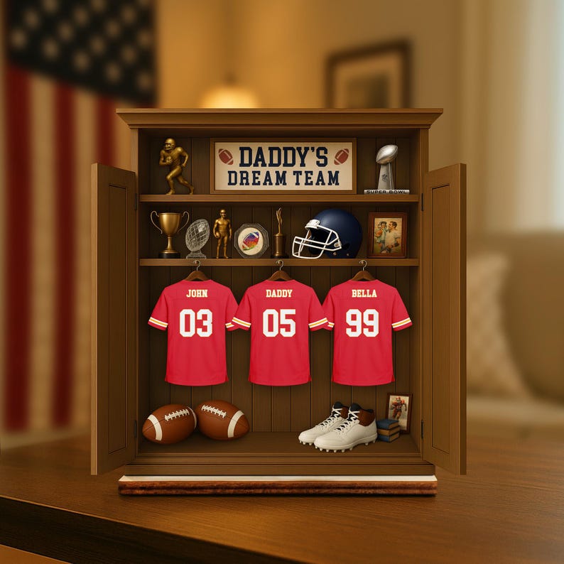 Personalized Daddy's Dream Team Football Jersey 3-Layered Wooden Plaque, Father's Day Gifts For Sports Dad, Grandpa, Custom Names Sign