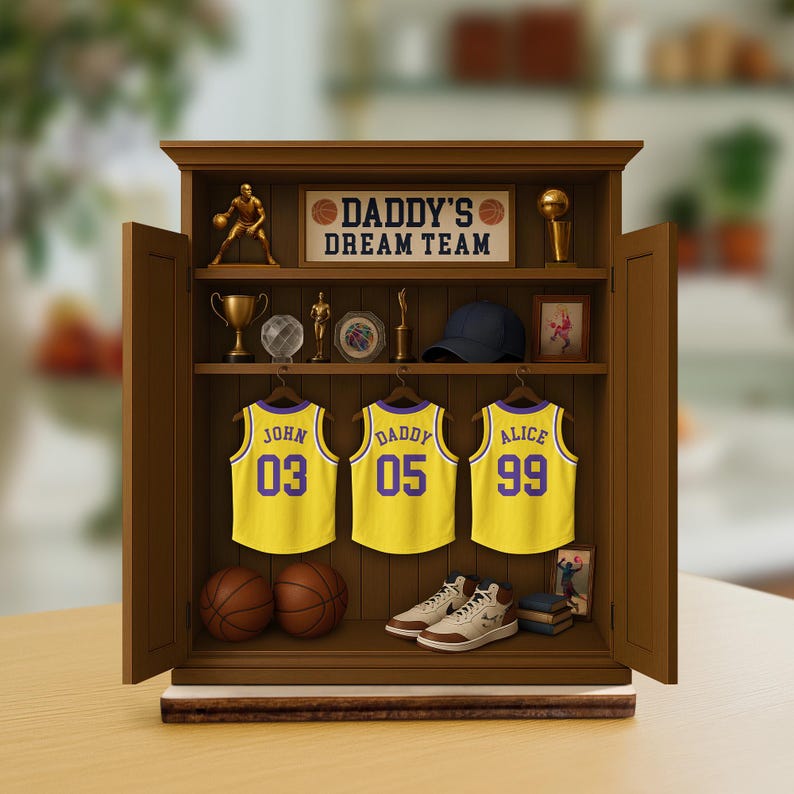 Personalized Daddy's Dream Team Basketball Jersey 3-Layered Wooden Plaque, Father's Day Gifts For Sports Dad, Grandpa Gift, Custom Name Sign