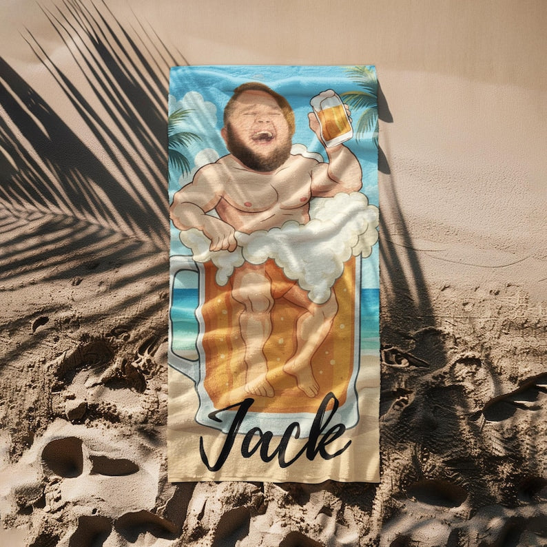 Personalized Beach Towel, Custom Face & Name in Beer Mug,Pool Towel Personalized Beach,Ideal for Beach Days, Pool Parties, and Vacation Gift