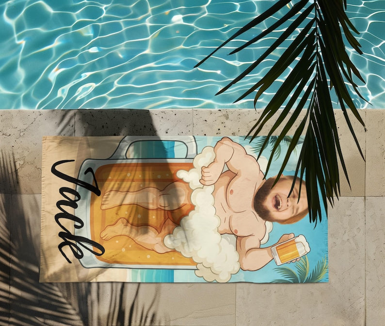Personalized Beach Towel, Custom Face & Name in Beer Mug,Pool Towel Personalized Beach,Ideal for Beach Days, Pool Parties, and Vacation Gift