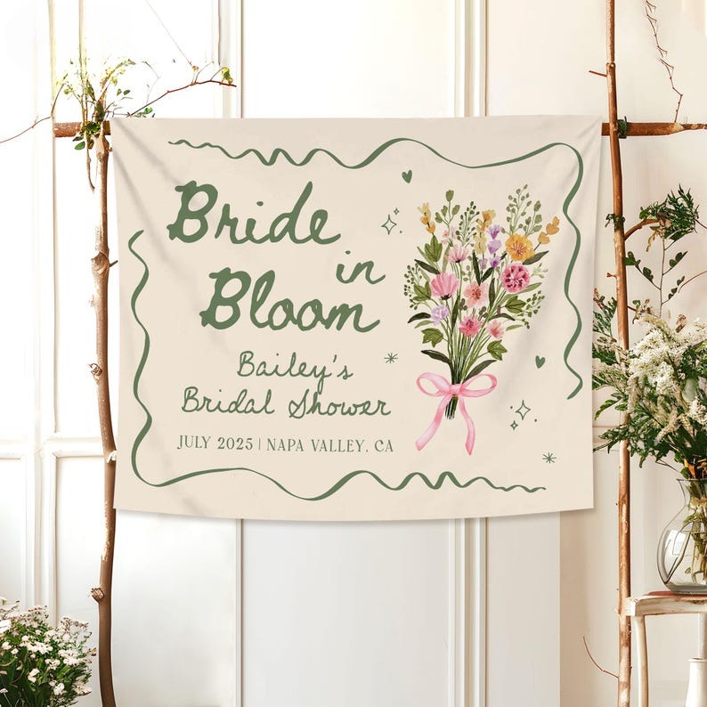 Bride In Bloom Bachelorette Tapestry,Custom Garden Bachelorette Banner Decor,Bachelorette Weekend Backdrop,Wildflower Bridal Shower Tapestry