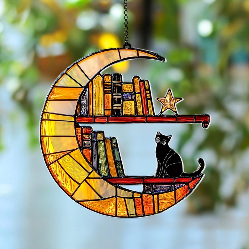Cat Reading on the Moon Faux Stained Glass Suncatcher, Acrylic Cat Book Lover Window Hanging, Librarian Gift for Home Decor