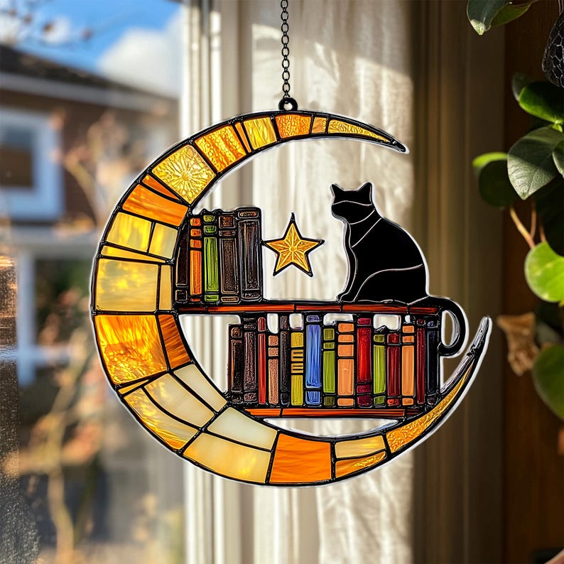 Cat Reading on the Moon Faux Stained Glass Suncatcher, Acrylic Cat Book Lover Window Hanging, Librarian Gift for Home Decor