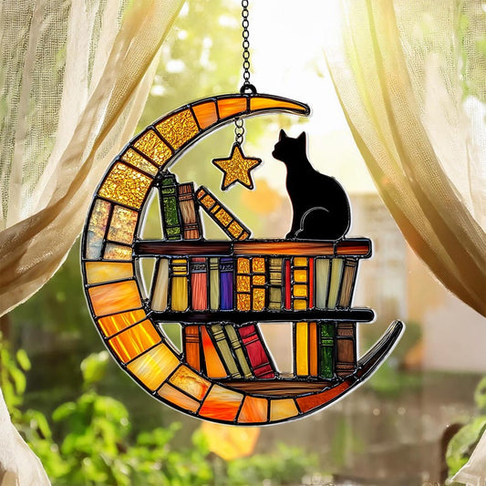 Cat Reading on the Moon Faux Acrylic Suncatcher, Acrylic Cat Book Lover Window Hanging, Librarian Gift for Home Decor