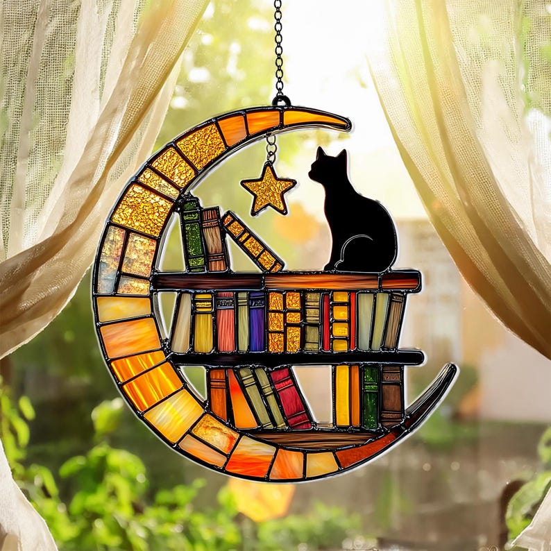 Cat Reading on the Moon Faux Stained Glass Suncatcher, Acrylic Cat Book Lover Window Hanging, Librarian Gift for Home Decor