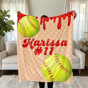Personalized Softball Blanket, Ice Cream Drip Design, Team Gift