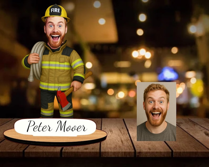 Personalized Firefighter Gift: Custom Wooden Caricature Figurine, Firefighter Portrait Keepsake, Fire Station Desk Decor