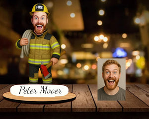 Personalized Firefighter Gift: Custom Wooden Caricature Figurine, Firefighter Portrait Keepsake, Fire Station Desk Decor