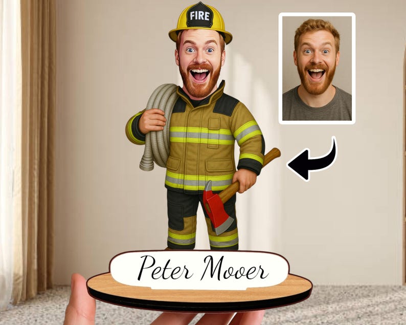 Personalized Firefighter Gift: Custom Wooden Caricature Figurine, Firefighter Portrait Keepsake, Fire Station Desk Decor