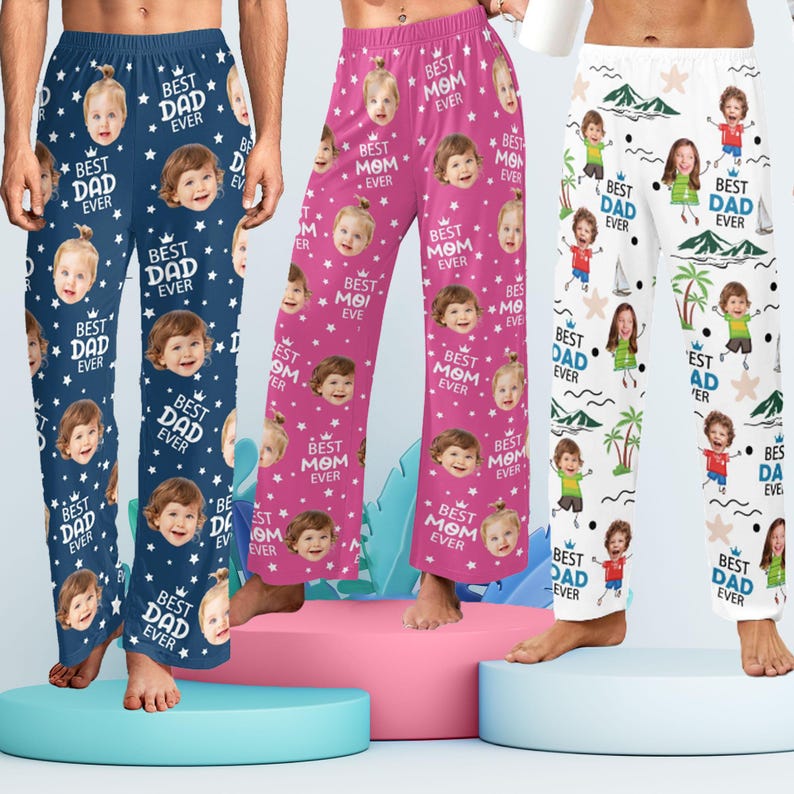 Custom Photo pajama pants, BEST DAD EVER Pajama Pants with Faces, Personalized Pajamas with Text, Christmas Gifts for Dad Mom, Best Dog Ever