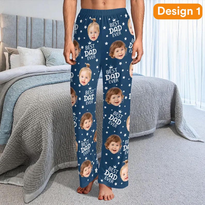 Custom Photo pajama pants, BEST DAD EVER Pajama Pants with Faces, Personalized Pajamas with Text, Christmas Gifts for Dad Mom, Best Dog Ever