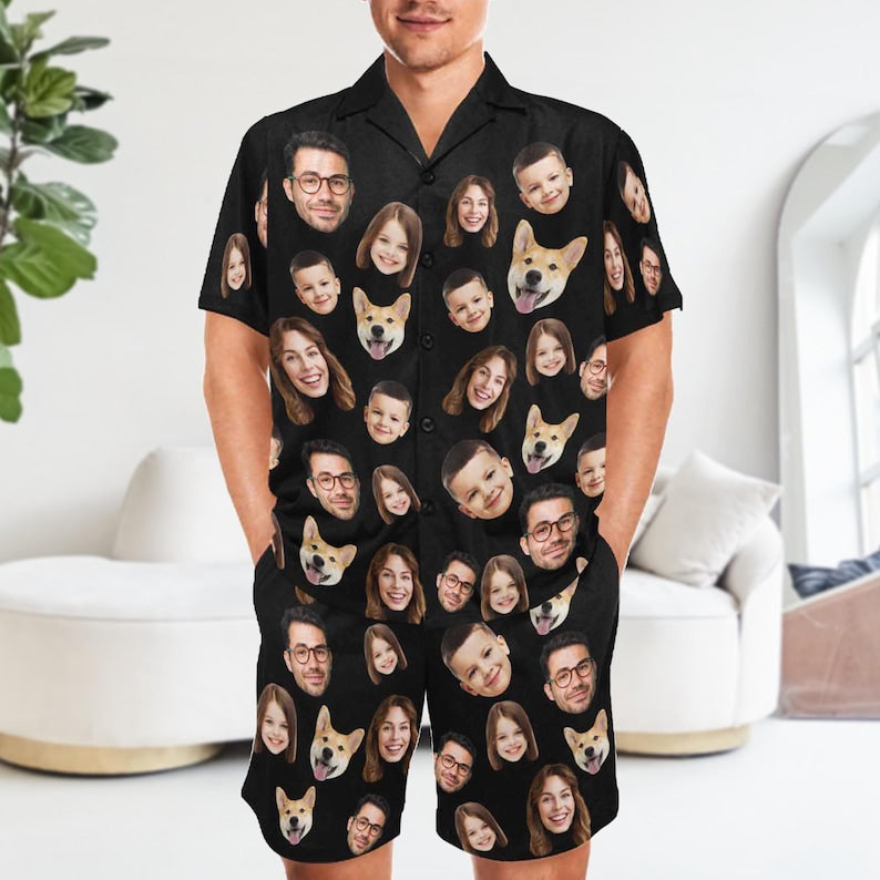 Custom Pet Face and Name On Unisex Short Pajamas, Custom Photo Pajamas, Personalized Your Pet Photo on Pet Lover PJs, Father's PJs, Pet PJs