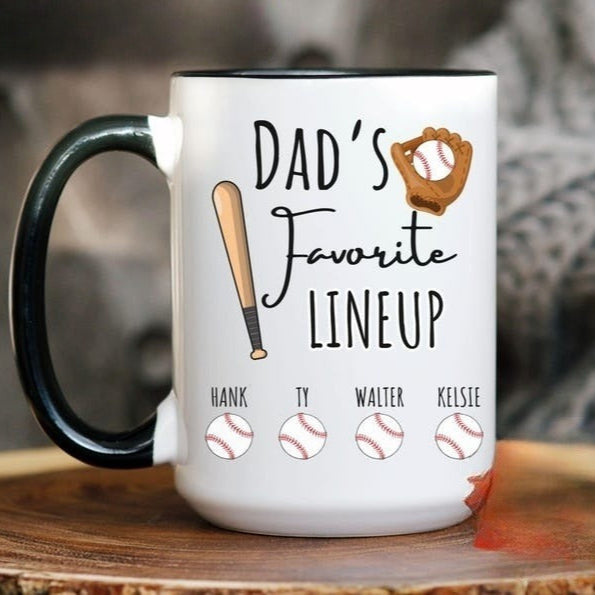 Custom Baseball Dad Mug, Personalized Baseball Dad Coffee Cup Dad's Favorite Lineup Mug with Name for Father's Day Gift Mug for Baseball Dad