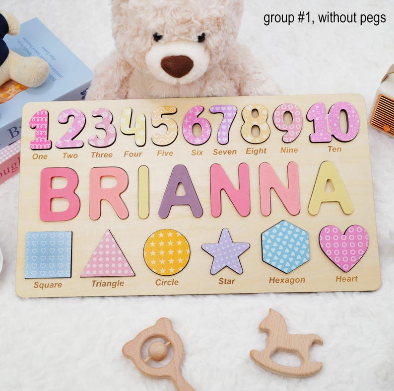Personalized Wooden Name Puzzle Gift for Boys & Girls, Custom Baby Gifts Name Puzzle with Numbers, Geometry Shapes, Free Back Engraving