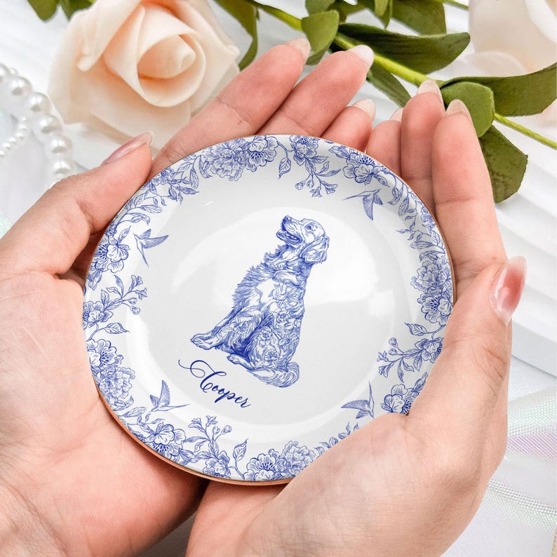 Dog Custom Breeds Chinoiserie Toile De Jouy - Personalized Jewelry Dish, Dog Lover Gift, Dog Jewelry Dish, Dog Dad Dog Mom Trinket Dish