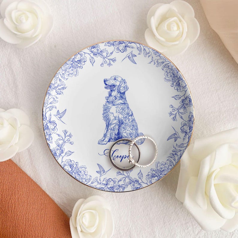 Dog Custom Breeds Chinoiserie Toile De Jouy - Personalized Jewelry Dish, Dog Lover Gift, Dog Jewelry Dish, Dog Dad Dog Mom Trinket Dish