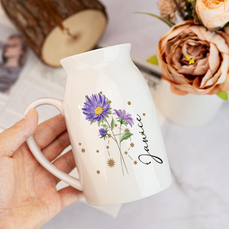 Personalized Birth Flower Vase,Zodiac Sign Vase,Flower Vase with Constellation Sign,Birthday Gift,Mini Ceramic Vase,Home Decor,Gift for Her