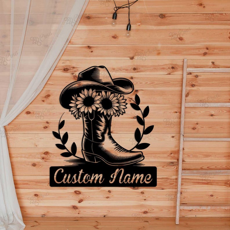 Custom Cowboy Boot Sign,Sunflower Cowgirl Sign,Sunflower Cowboy Metal Wall Art,Cowboy Name Sign