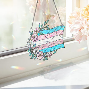 Trans Pride Acrylic Window Hanging Floral Transgender Flag Suncatcher, LGBTQ+ Window Decor, Inclusive Pride Gift for Home